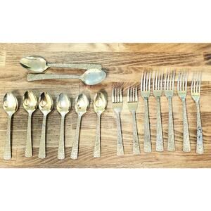 Lot Of 15 Cellini Romanesque Gold Electroplate Roses Forks Spoons, some tarnish